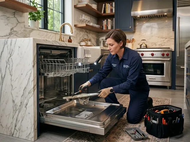 Appliance Repair Hero technician servicing a built-in dishwasher in a Atwood, CA kitchen