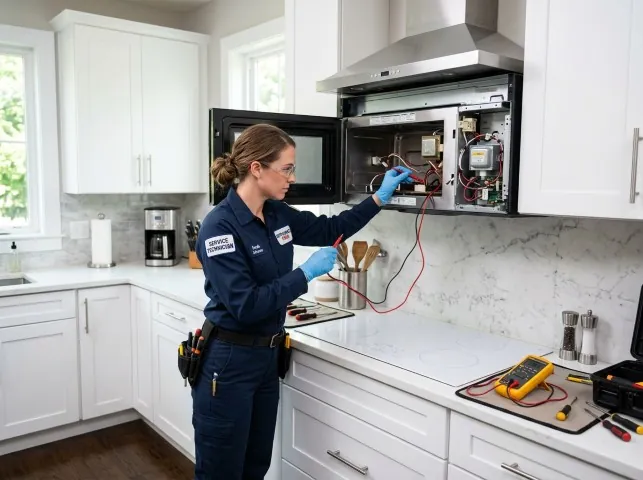 Appliance Repair Hero technician testing an over-the-range microwave in a Atwood, CA kitchen